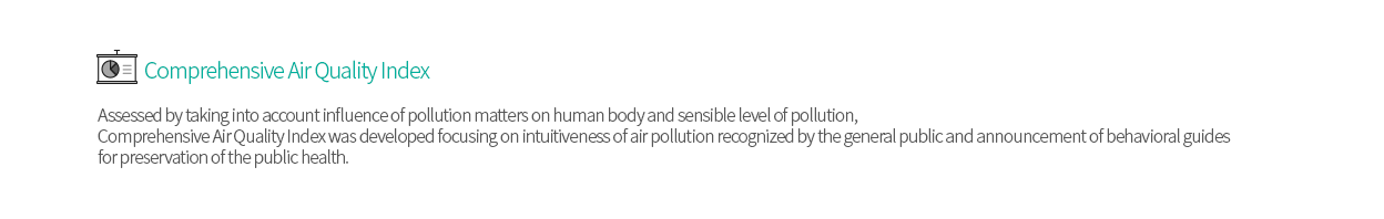 Assessed by taking into account influence of pollution matters on human body and sensible level of pollution, Comprehensive Air Quality Index was developed focusing on intuitiveness of air pollution recognized by the general public and announcement of behavioral guides for preservation of the public health.